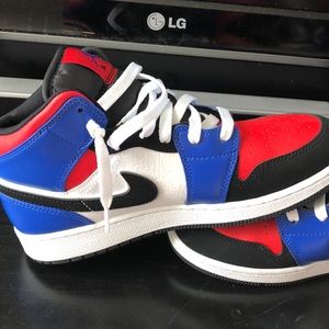 Red blue and white High Too Ones